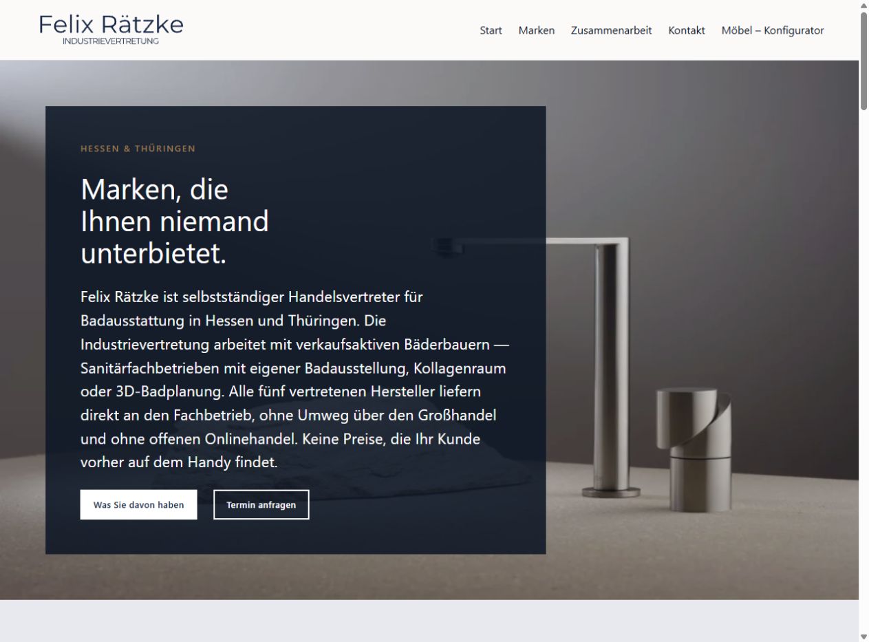 Startseite von Felix Rätzke Industrievertretung mit Logo, Navigation und Titelbereich